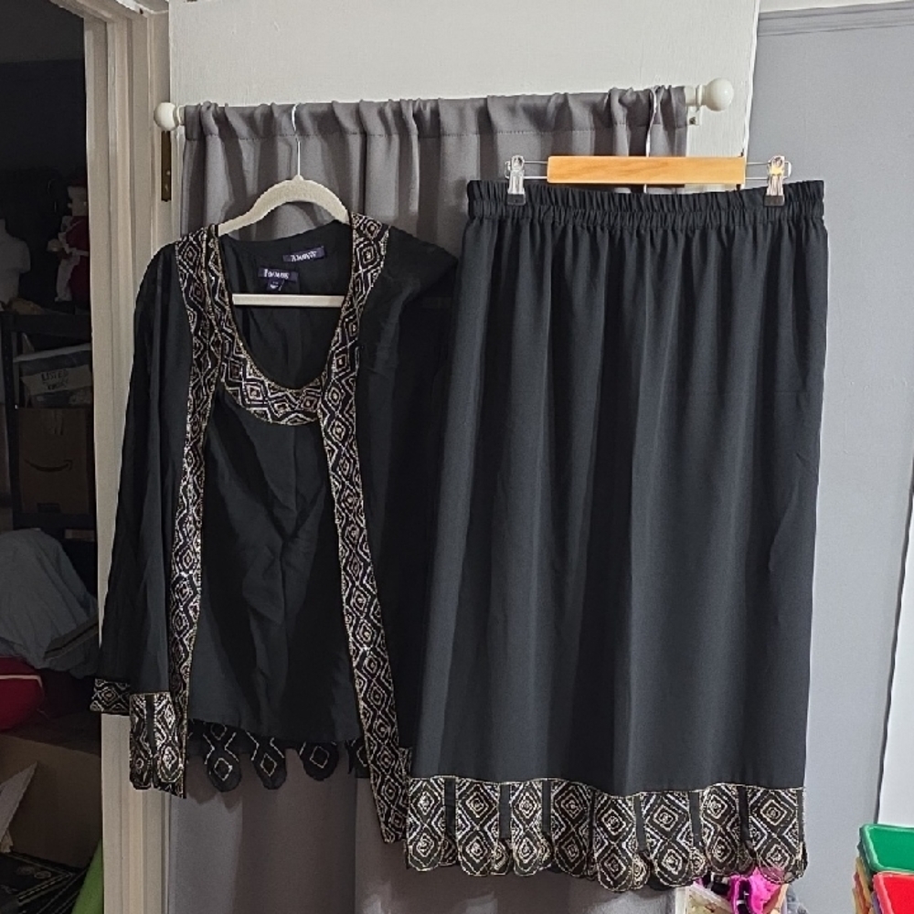 Roaman's Women's Elegant 3 Piece Skirt Set Beaded Black/Silver/Gold Sz 16W EUC